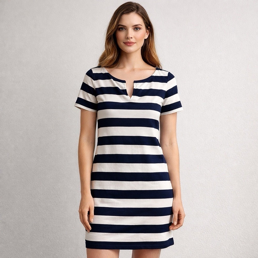 Bean Signature Striped‎ Dress Small Navy White 35" Cotton Split Neck